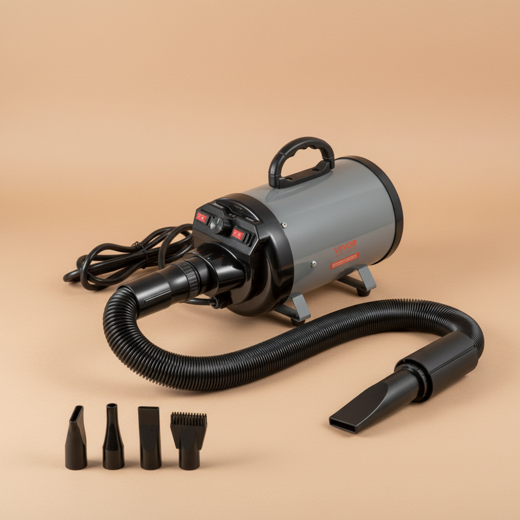 Black and gray pet grooming dryer with adjustable settings and 4 attachments on a beige background
