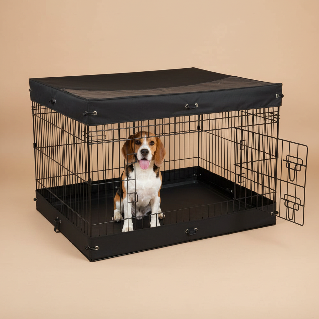 Dog inside a black wire crate with a black cover on a beige background