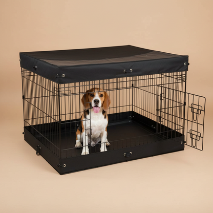 Dog inside a black wire crate with a black cover on a beige background
