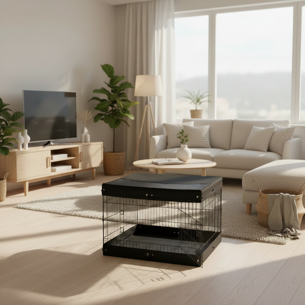 Black wire crate with a black cover in a living room setting