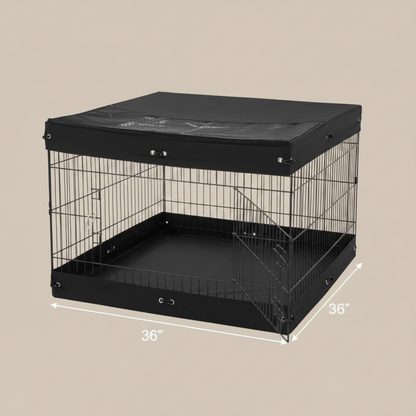 Black wire crate with a black cover and dimension labels on a beige background