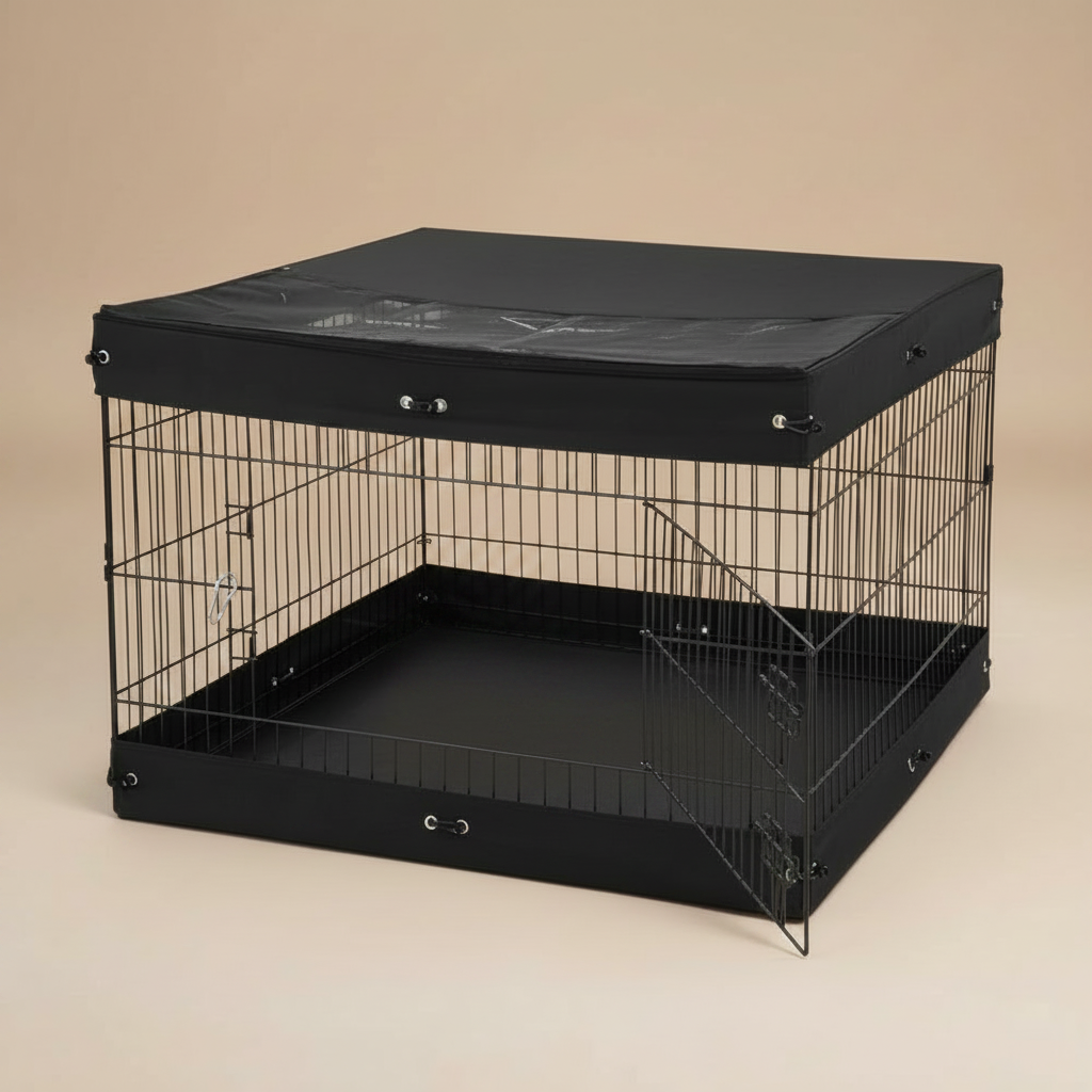 Black wire crate with door open and a black cover on a beige background