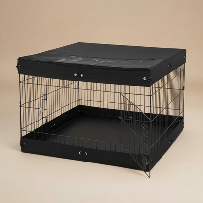 Black wire crate with door open and a black cover on a beige background