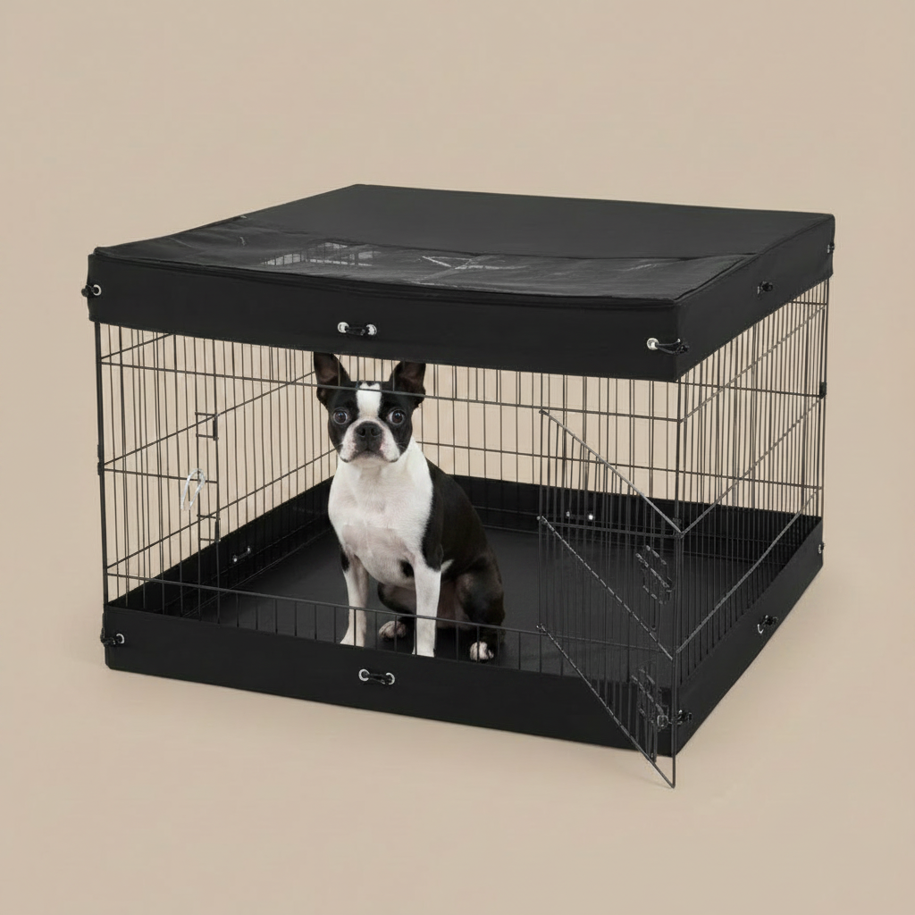 Dog inside a black wire crate with a black cover on a beige background