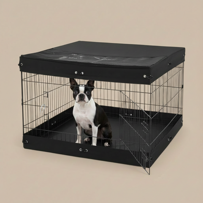 Dog inside a black wire crate with a black cover on a beige background