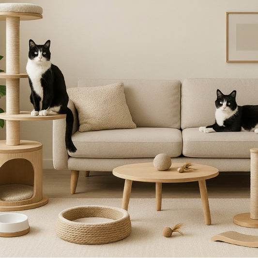 Two cats on a beige sofa with cat furniture and toys in a room setting.