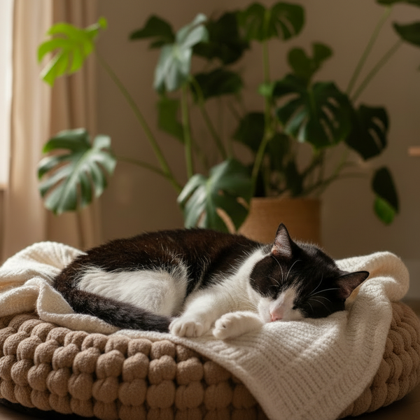 Cat sleeping on a blanket with plants in the background.