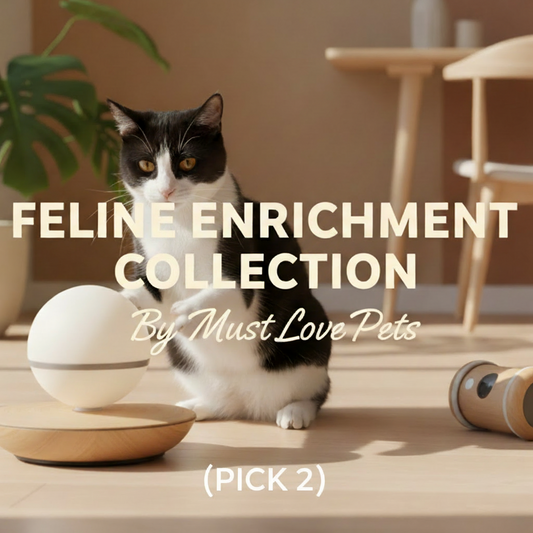 Cat sitting on a wooden floor with 'Feline Enrichment Collection' text and 'Must Love Pets' branding.