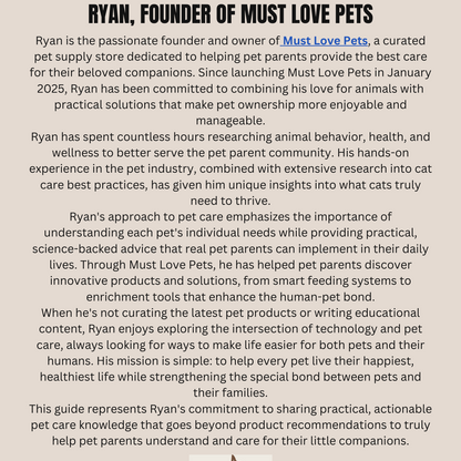 Promotional graphic for Ryan, founder of Must Love Pets, with text about his commitment to pet care and a logo at the bottom.