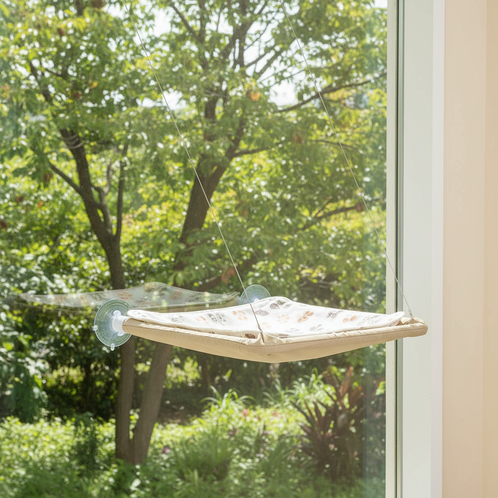 A beige fabric cat hammock suspended by cords from a clear suction cup window perch, with a bright window and city view in the background.
