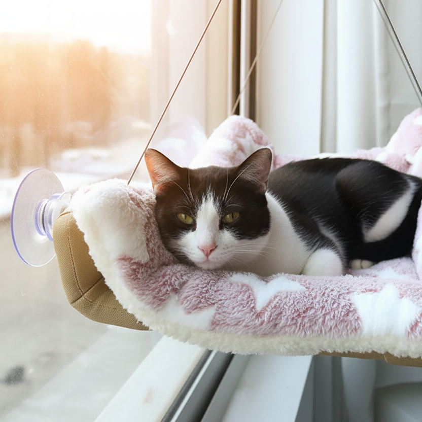 Cat lounging on a fluffy pink cushion with cat tree in the background