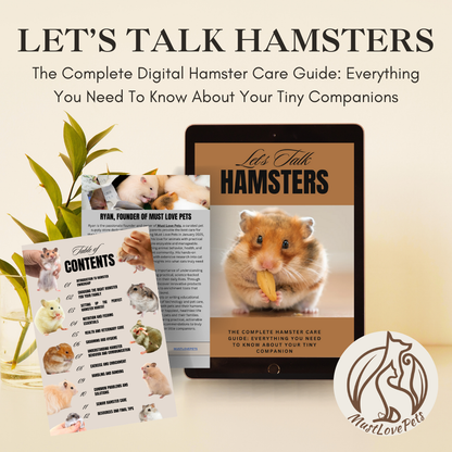 Digital hamster care guide with tablet displaying cover and 'Contents' page, featuring MustLovePets logo.