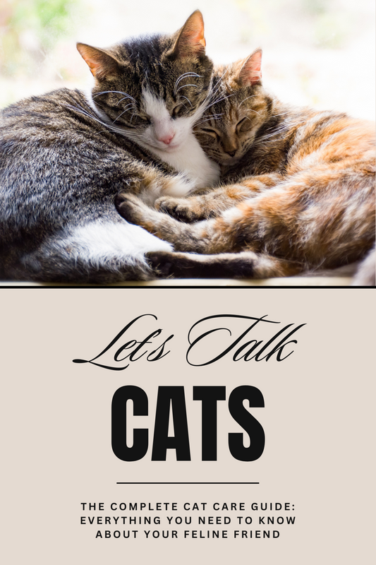 Two cats cuddling with text 'Let's Talk Cats' on a beige background