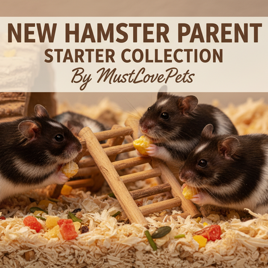 Three hamsters in a pet habitat with food, featuring 'New Hamster Parent Starter Collection by MustLovePets'.