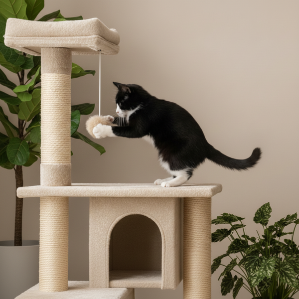 Cat playing with a toy on a cat tree.