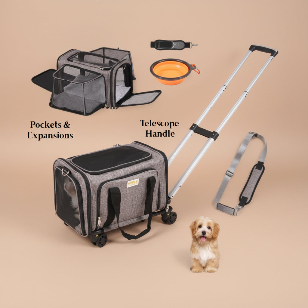 Gray and black pet carrier suitcase with telescoping handle, shown with multiple views, accessories, and two small pets on a white background. Text labels indicate pockets and expansions, telescope handle, shoulder strap, and included items.