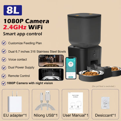 Smart pet feeder with 1080P camera, 2.4GHz WiFi, and app control features on a beige background.