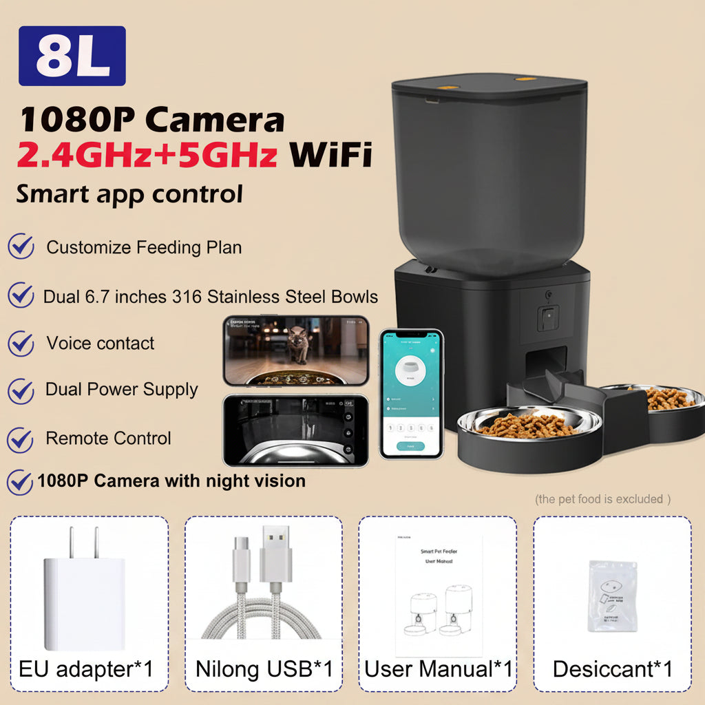 Black pet feeder with 1080P camera, dual WiFi connectivity, and app control on a beige background.