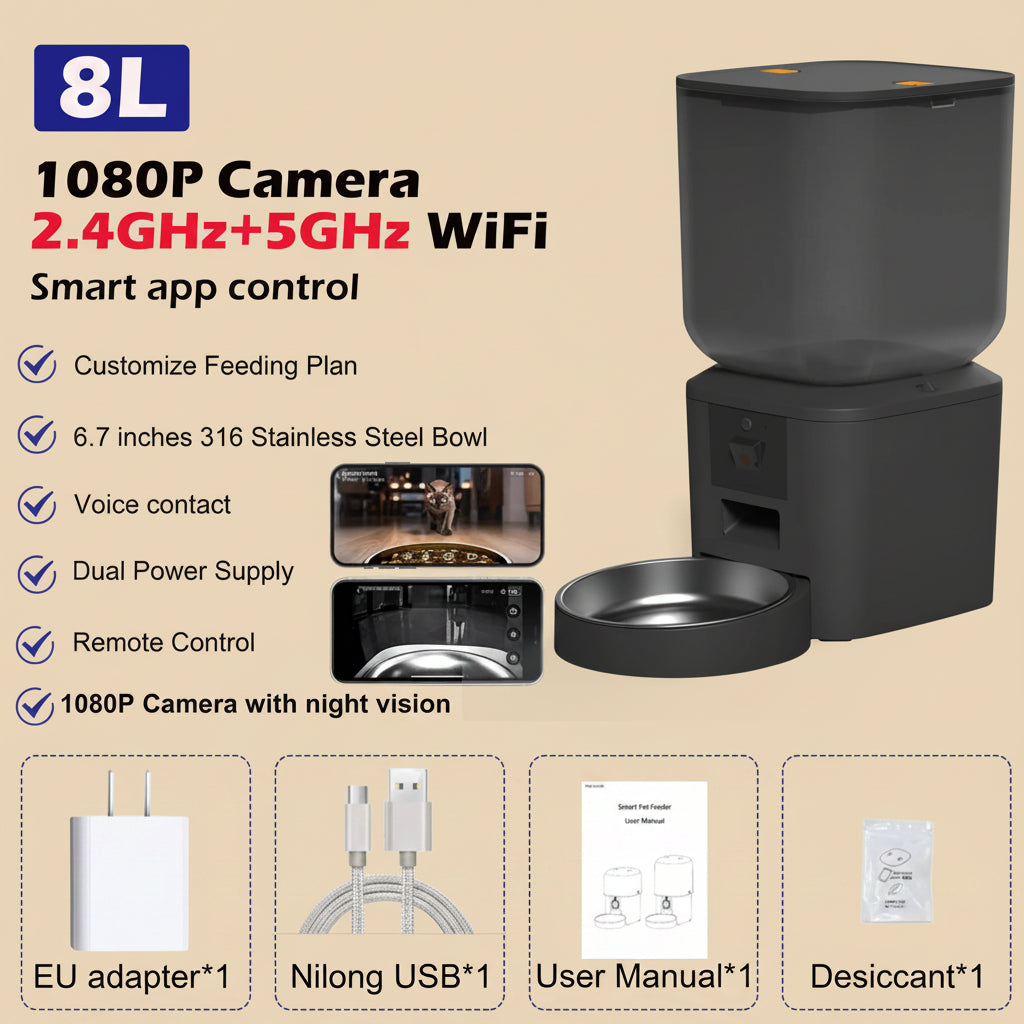 Black pet feeder with 1080P camera, WiFi connectivity, and various features listed on a beige background.