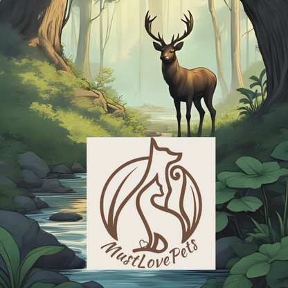 Deer in a forest with '#MUST_LOVE_PETS_' text and logo.