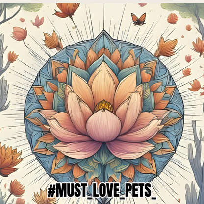 Decorative design with lotus flowers and '#MustLovePets' text on a floral background.