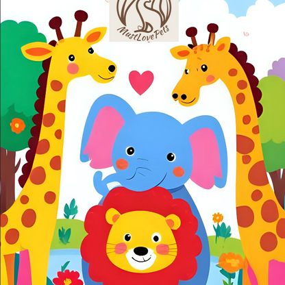 Colorful illustration of a lion, elephant, and giraffes with 'Must Love Pets' logo.