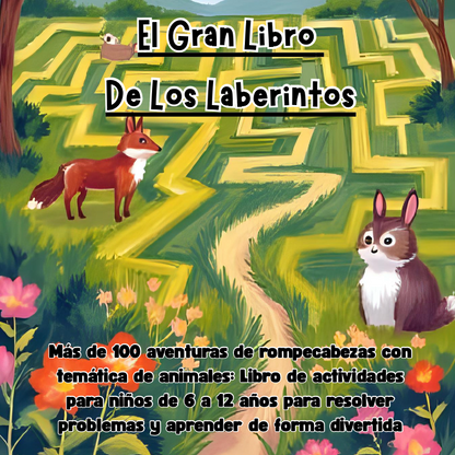 Cover of 'El Gran Libro De Los Laberintos' with a fox and rabbit on a maze background