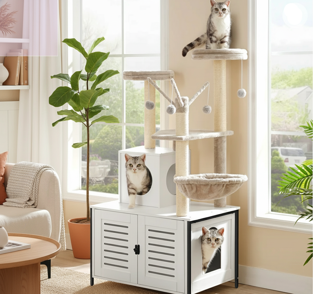 Cat tree with multiple levels, including a cabinet, in a room with large windows.