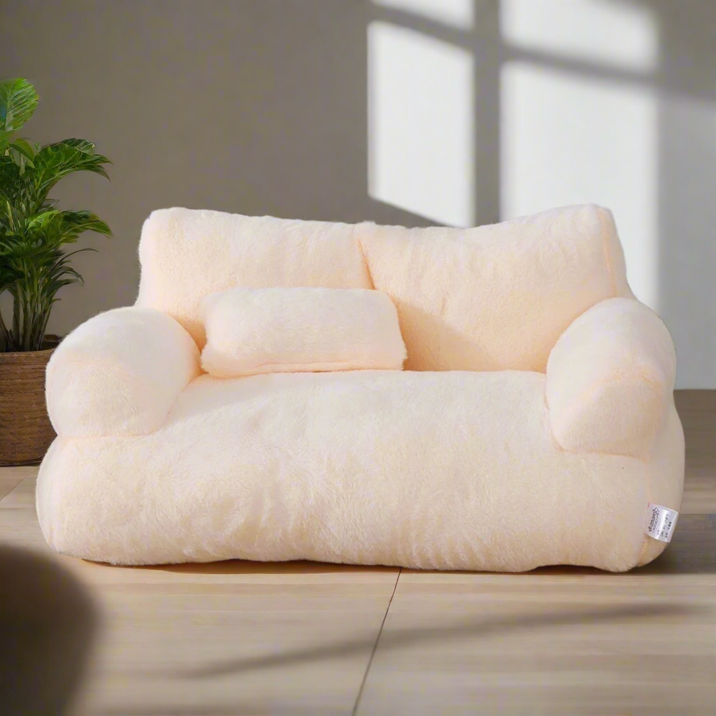 White pet sofa on a carpeted floor with a lamp and decorative items in the background