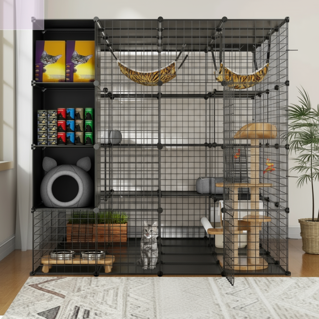 Child holding a cat next to a large black pet cage with various accessories in a room.