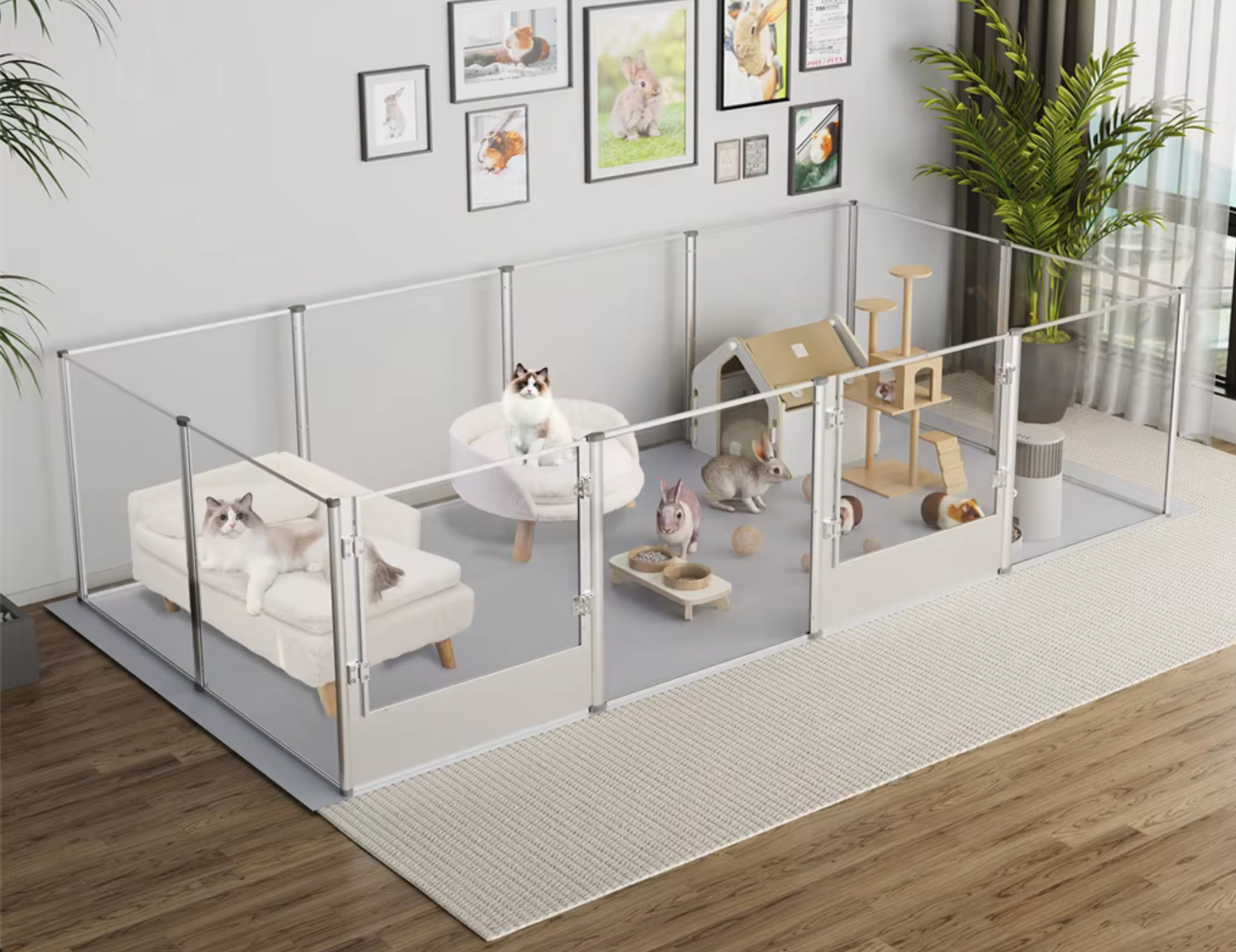 Pet enclosure with transparent walls in a room with furniture and decor.