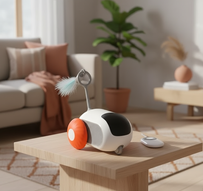 Pet toy resembling a small vehicle with a fluffy object on a wooden table in a living room.