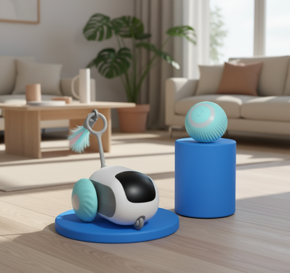 Toy robot with a ball on a blue background