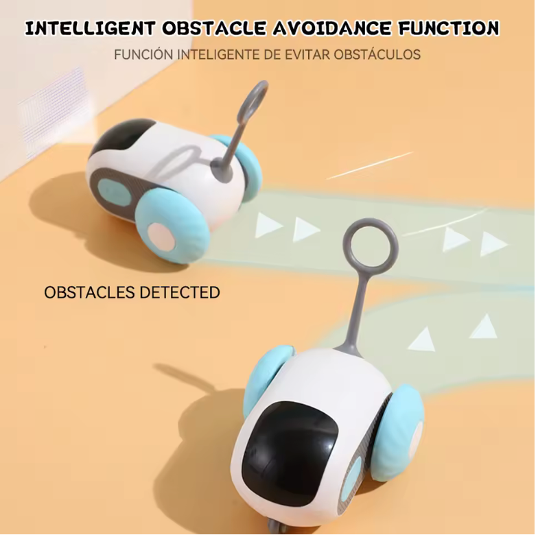 Two toy robots with blue wheels on a beige and green background, highlighting an intelligent obstacle avoidance function.
