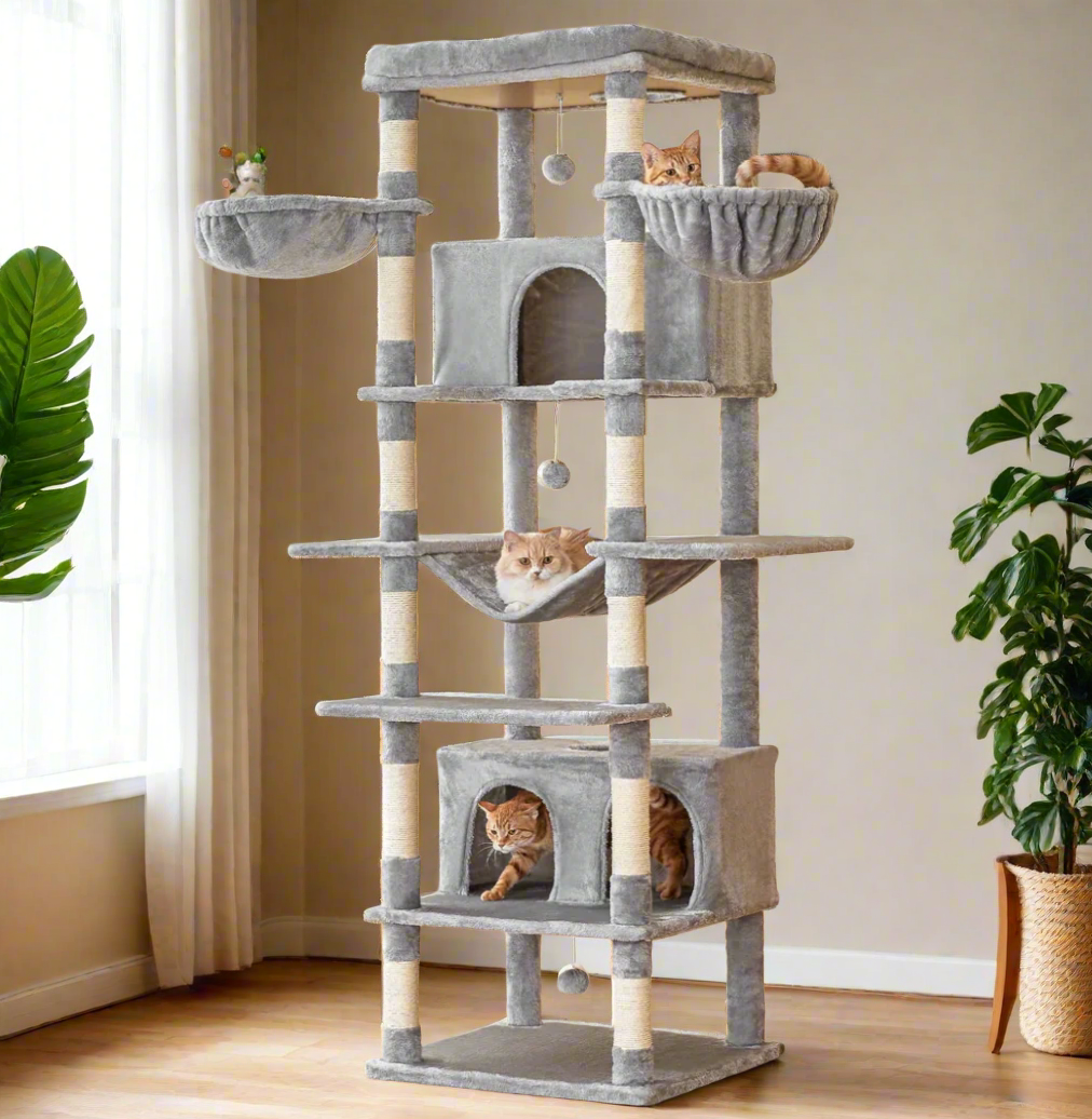 Cat tree with multiple levels and shelves in a living room setting.