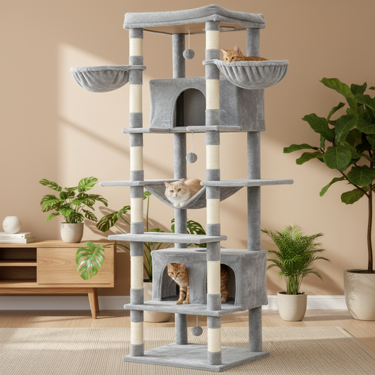 Cat tree with multiple levels and shelves in a living room setting.
