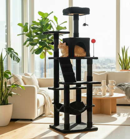 Black cat tree with cats in a living room with large windows and plants.