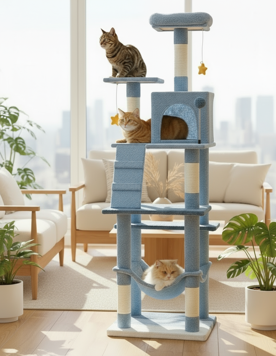Cat tree with multiple cats in a living room setting