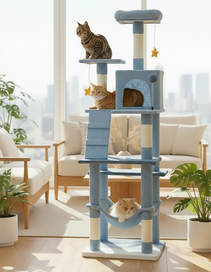 Cat tree with multiple cats in a living room setting