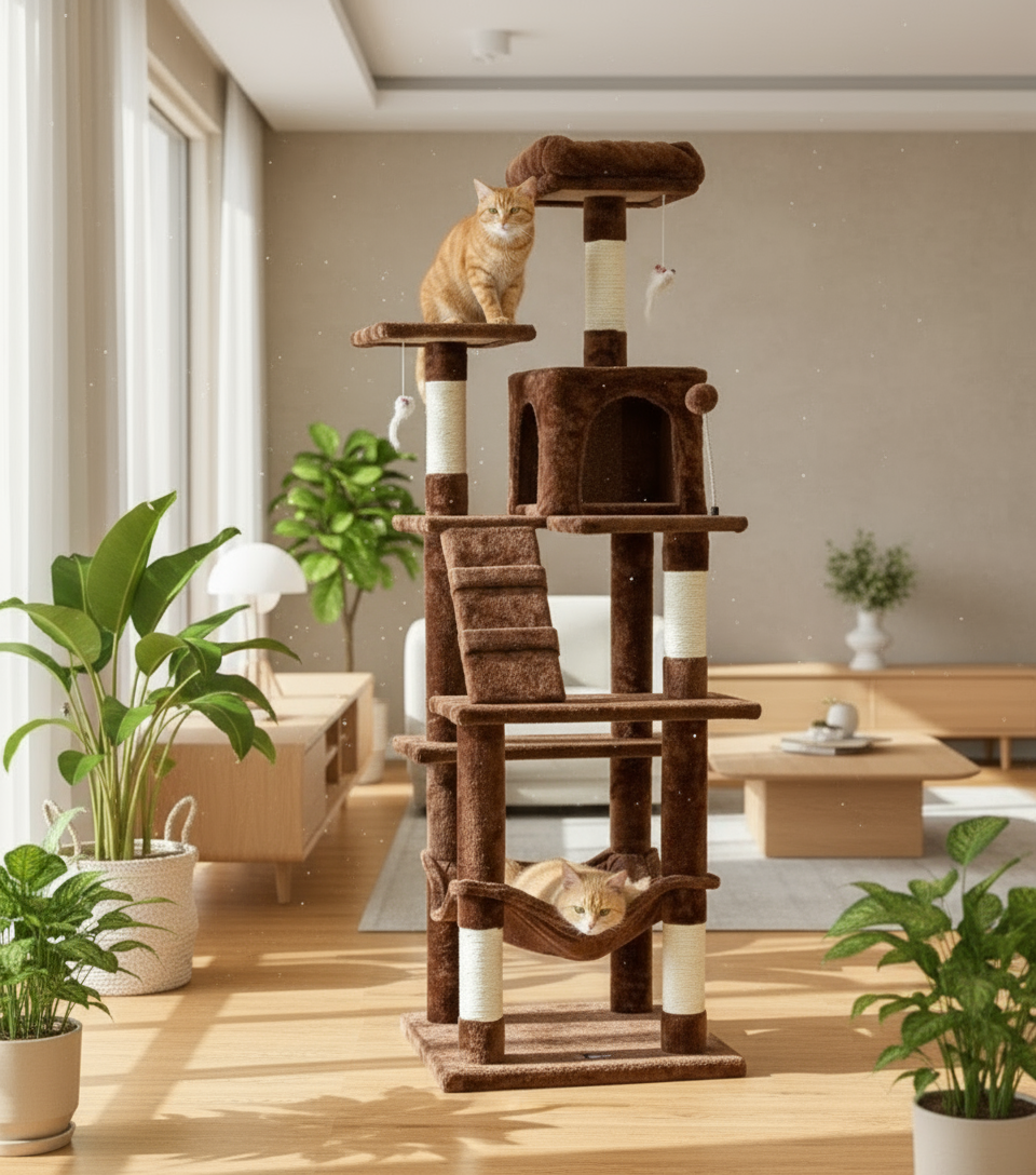 Cat tree with a cat on top in a room with a wooden cabinet and a plant.