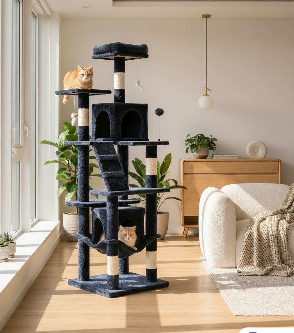Cat tree with multiple levels and a cat sitting on top in a room with a beige wall and wooden furniture.
