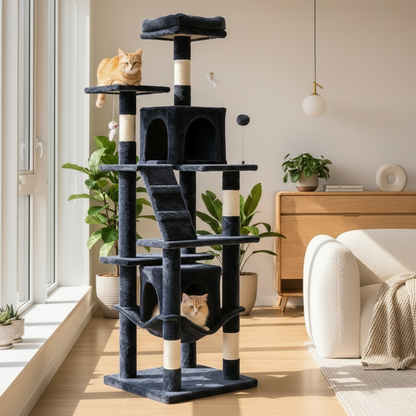 Cat tree with multiple levels and a cat sitting on top in a room with a beige wall and wooden furniture.