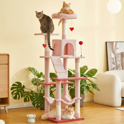 Cat tree with cats on different levels in a room.