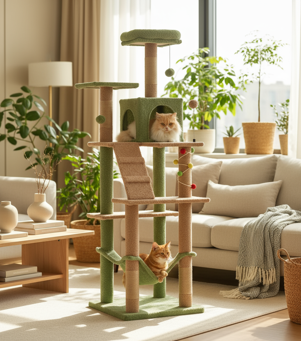 Cat tree with multiple levels and a cat sitting on top in a room with Christmas decorations.