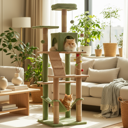 Cat tree with multiple levels and a cat sitting on top in a room with Christmas decorations.