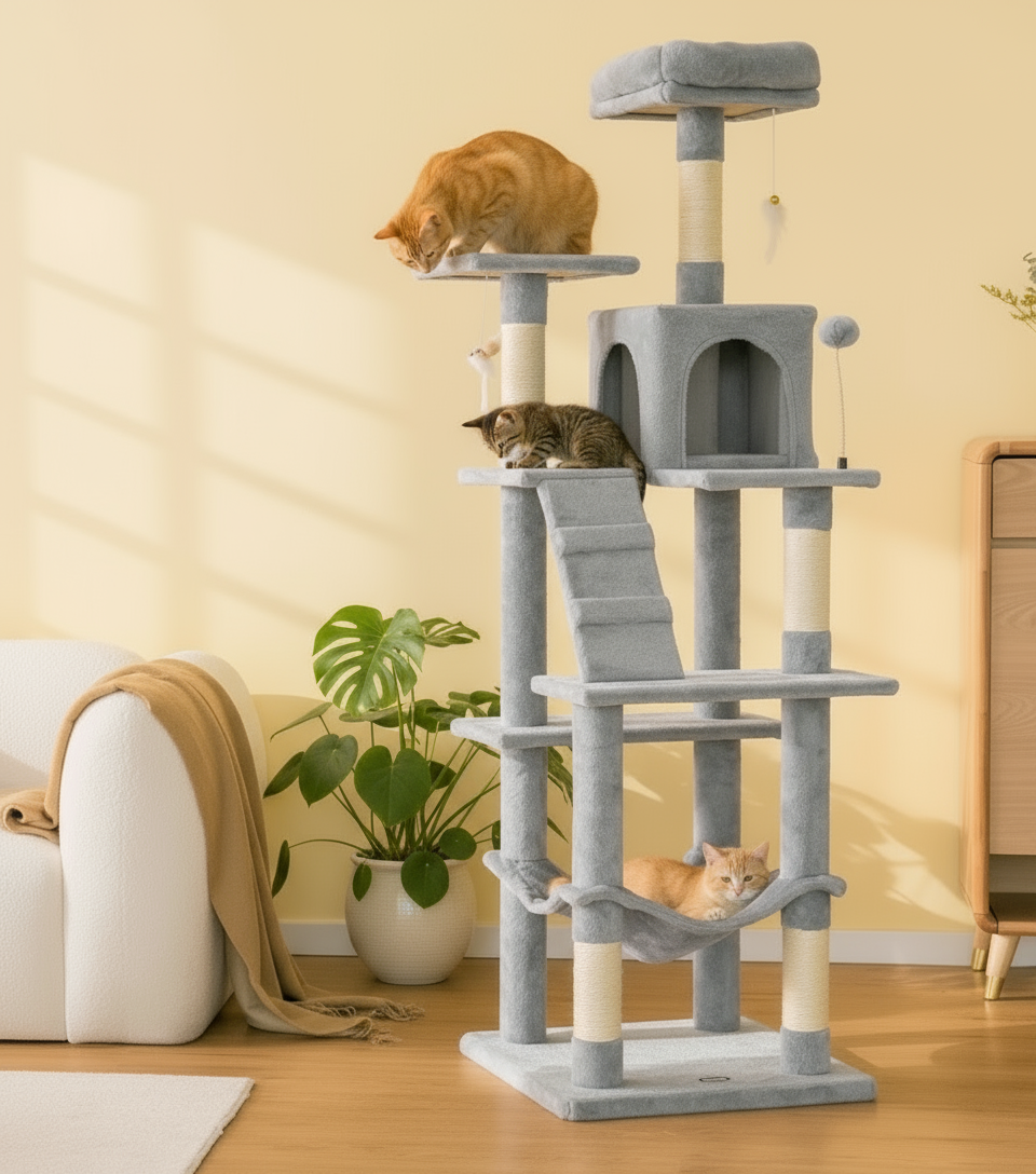 Gray cat tree with cats on a yellow wall background