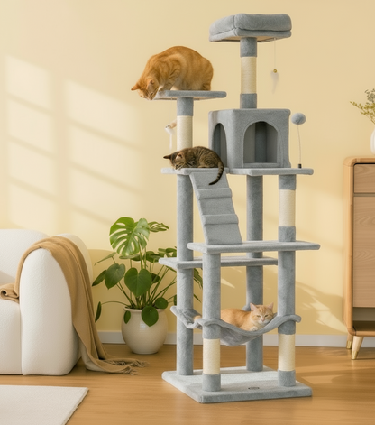Gray cat tree with cats on a yellow wall background