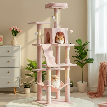 Pink cat tree with multiple levels and a cat sitting on one of the platforms in a room setting.