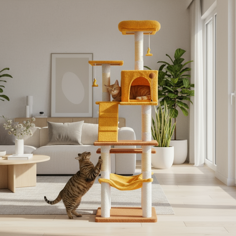 Cat climbing a multi-level cat tree with a beige wall and wooden floor in the background.