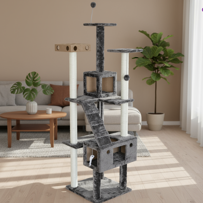 Cat tree with multiple levels and a perch on a white background